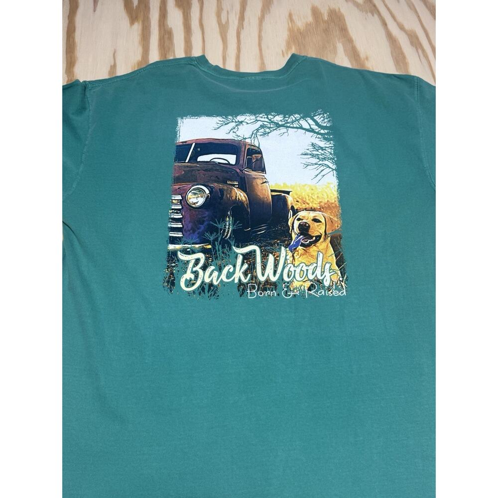 Backwoods Born & Raised Antique Truck Dog Country Comfort Colors Green XL